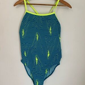 Neon Trim Blue Wave Print Graphic One-Piece Swimsuit